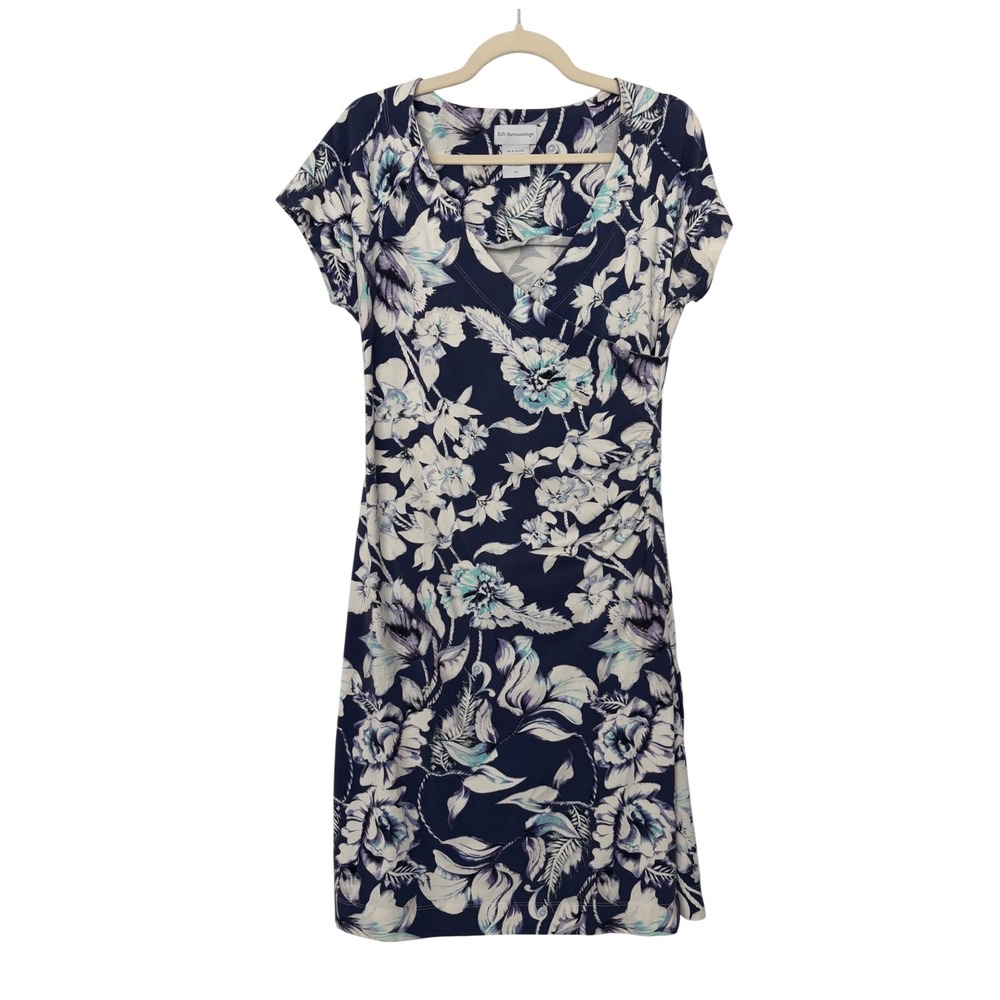 Soft Surroundings Ruched Coastal Floral Faux Wrap Sheath Dress Navy Blue M